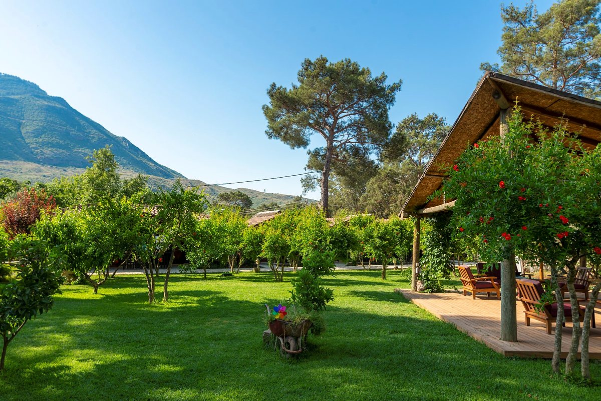 Dağ manzaralı bahçe ve ahşap bungalov