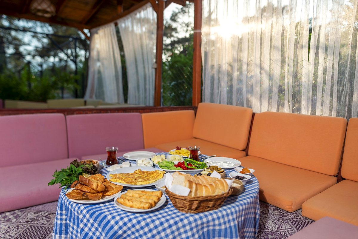 A generous Turkish breakfast spread in the pavilion